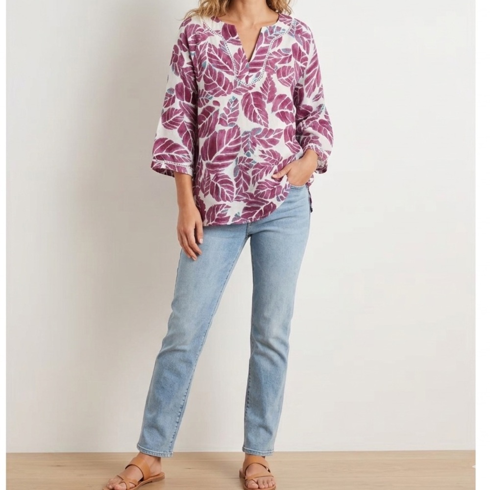 🔥$10 FINAL PRICE🔥 Rafaella Purple Leaf Print 3/4 Sleeve Blouse Crochet Lace❤️